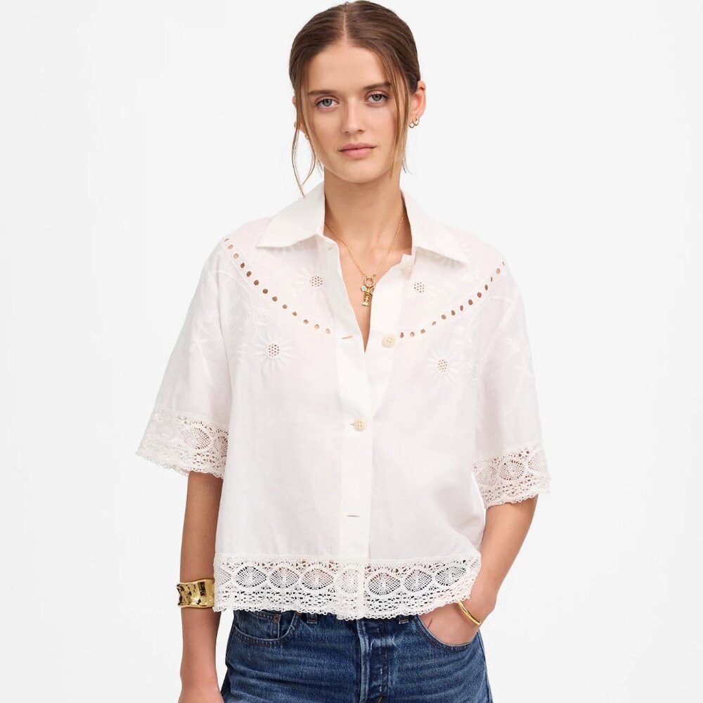 Madewell Embroidered Lace Button-Up Shirt in White
